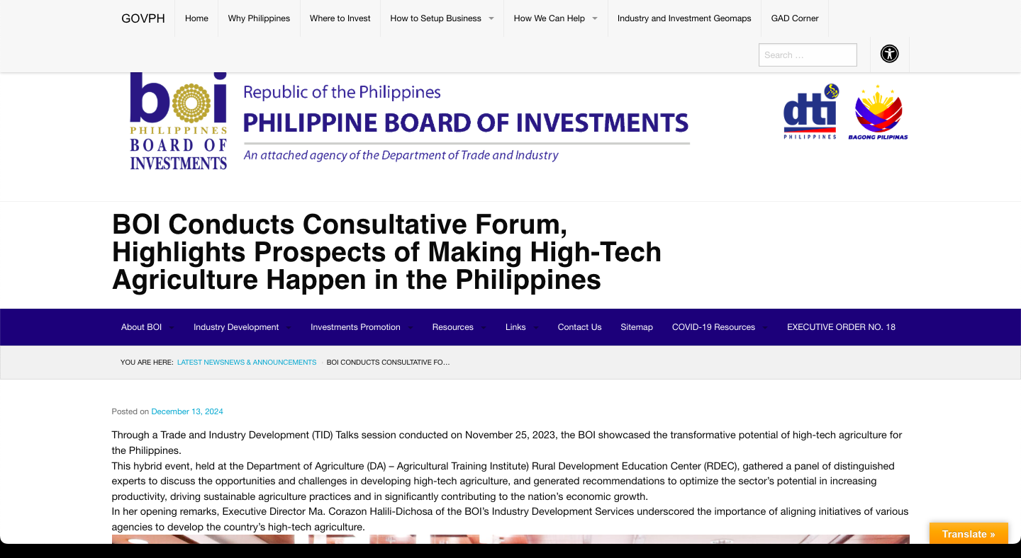 BOI news article on high-tech agriculture