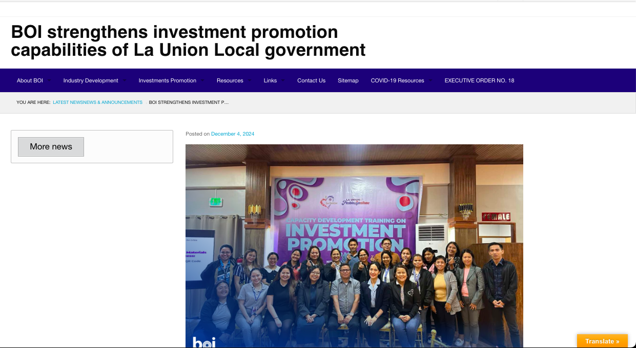 BOI news article on La Union investment promotion